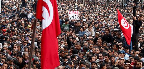 Protesters demonstrate against Tunisian President Zine al-Abidine Ben Ali in Tunis